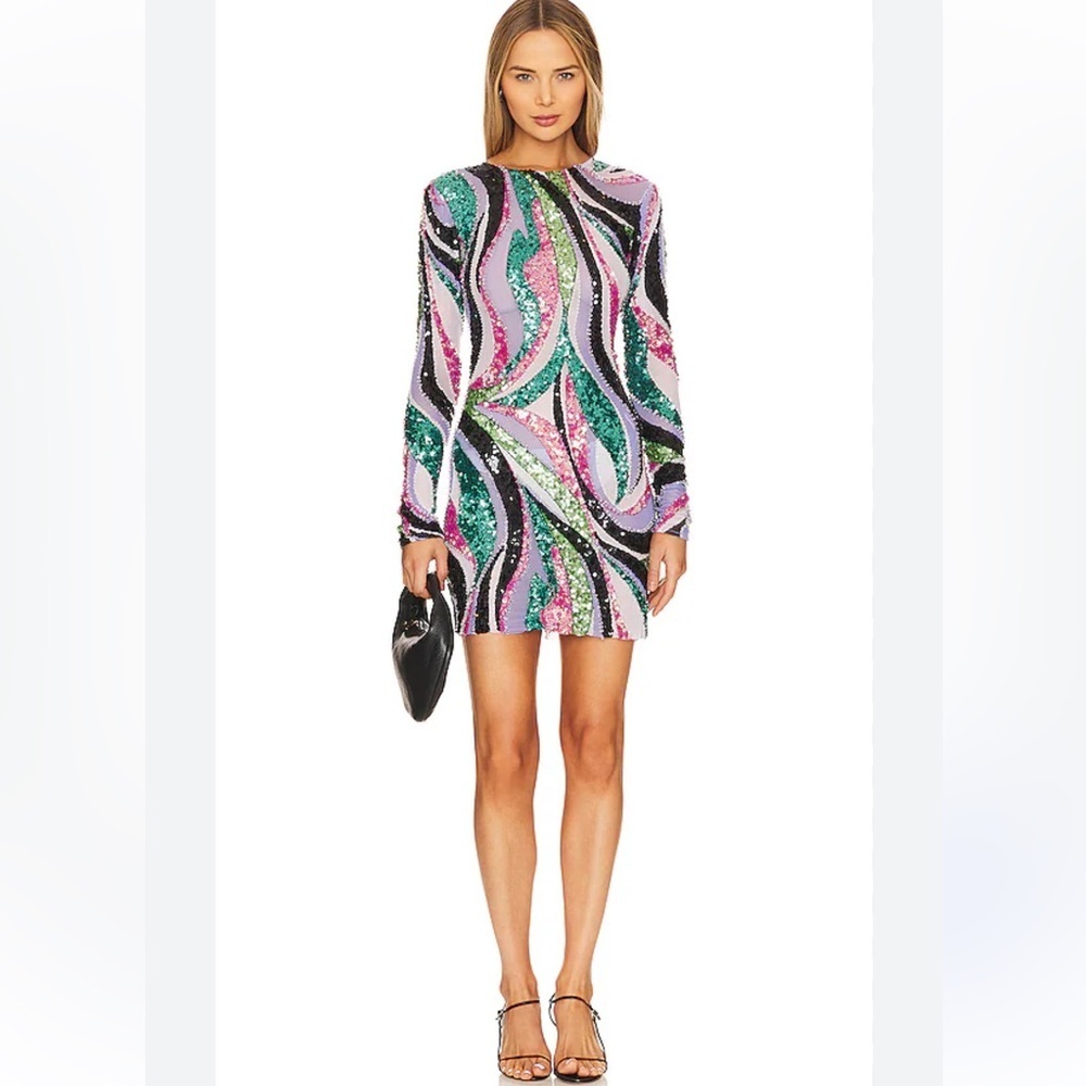 NWT PatBO Delos beaded sequin multi color long sleeve mesh mini dress 8 - Picture 2 of 12